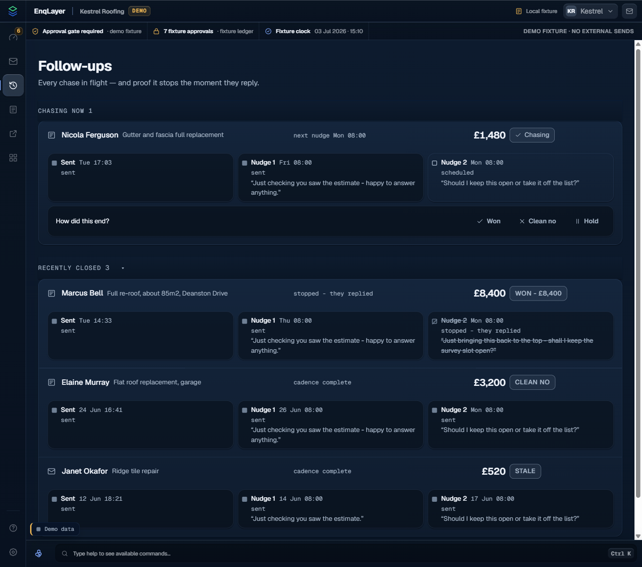 EnqLayer Follow-ups screen with demo data: chases in flight with nudge timelines, a stopped nudge marked stopped they replied, and outcomes Won £8,400, Clean no and Stale.